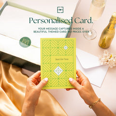 Personalised Card: Hands holding a yellow geometric-patterned “Just for You” card above an open EDEN & CO. gift box, headline “Personalised Card” with text “Your message captured inside a beautiful themed card. No prices. Ever,” styled with champagne, gold silk and flowers.