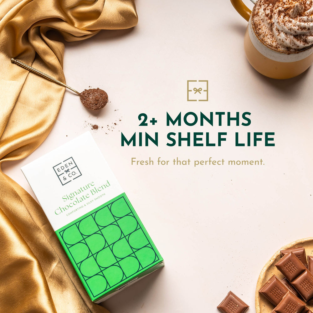 Luxury products with long shelf life – EDEN & CO premium plant-based chocolate bar with 2+ months freshness guarantee – perfect for gifting in advance.