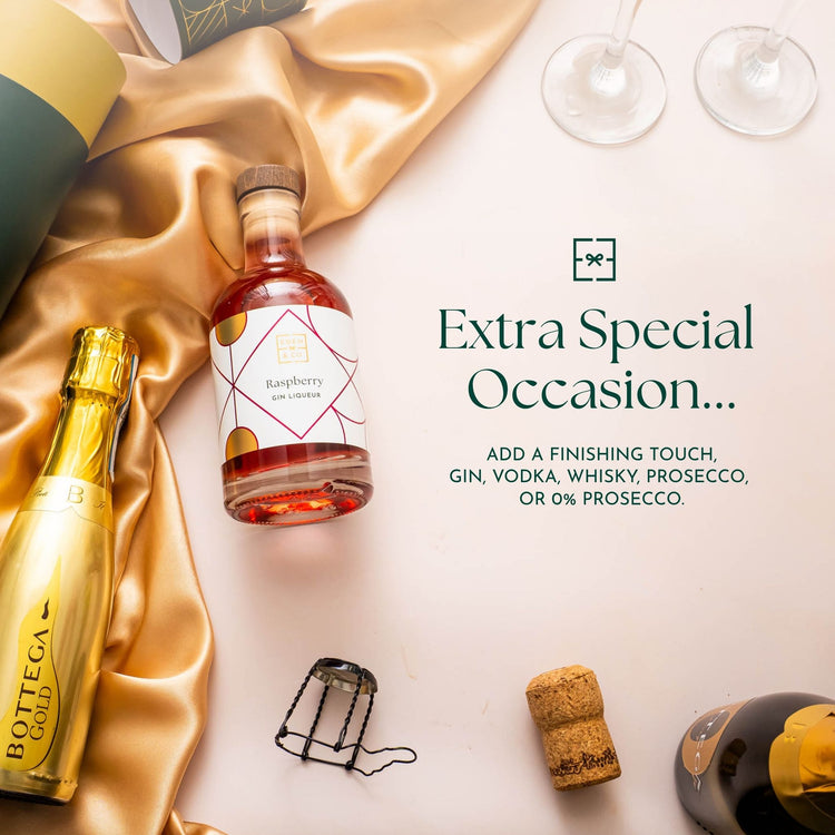 Extras: A bottle of EDEN & CO. Raspberry Gin Liqueur beside Bottega Gold prosecco, champagne glasses and gold silk, headline “Extra Special Occasion...” with text “Add a finishing touch, gin, vodka, whisky, prosecco, or 0% prosecco.”