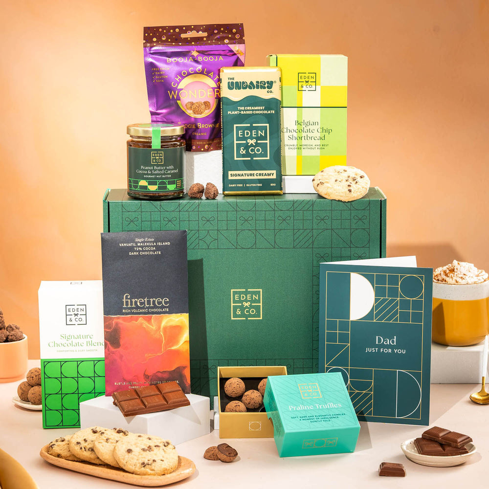 Celebrate him with this Dad Vegan & Gluten Free Chocolate Hamper, a considered mix of rich flavours and style.