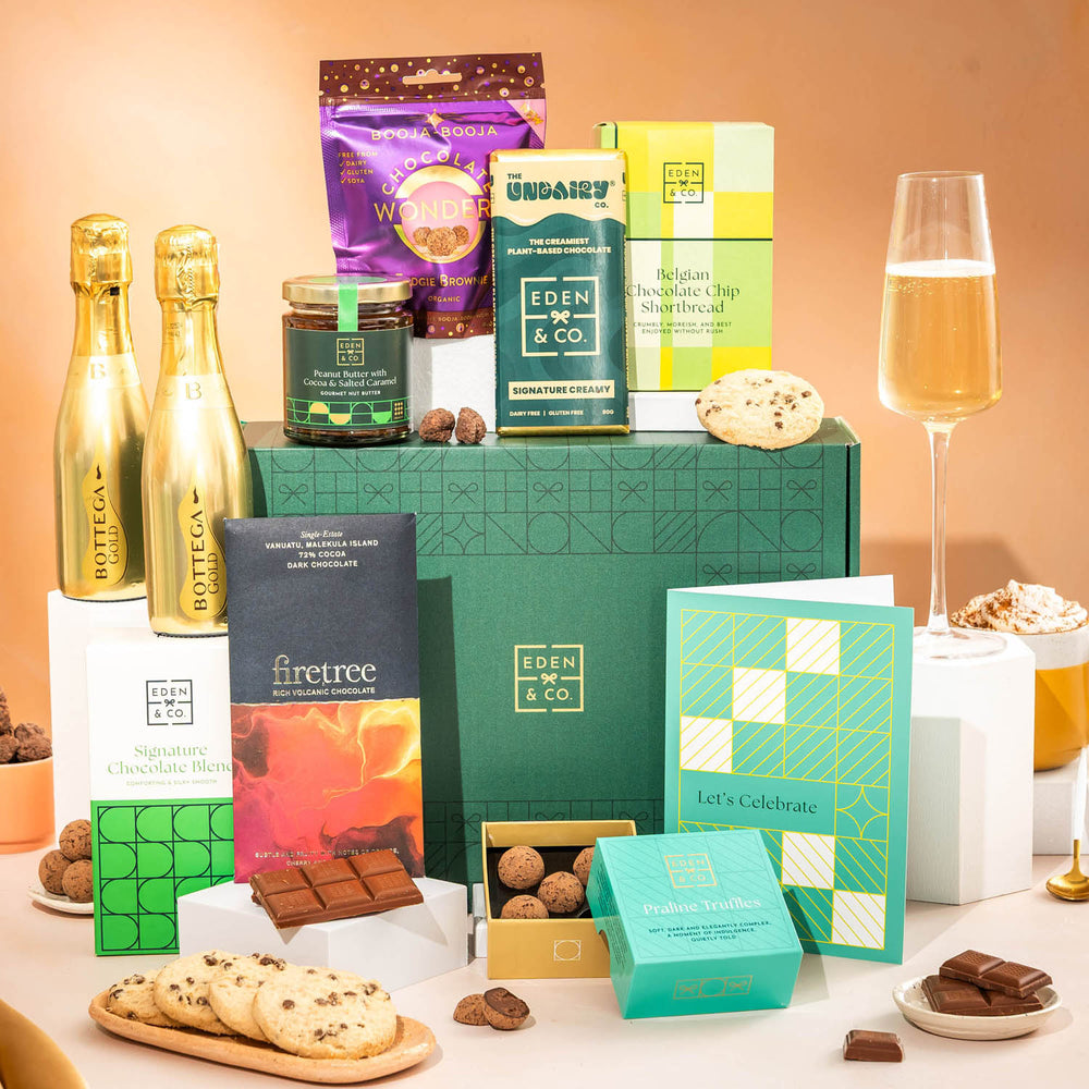 Raise a toast with this celebration Vegan & Gluten Free Chocolate Hamper, crafted to match the joy of the occasion.