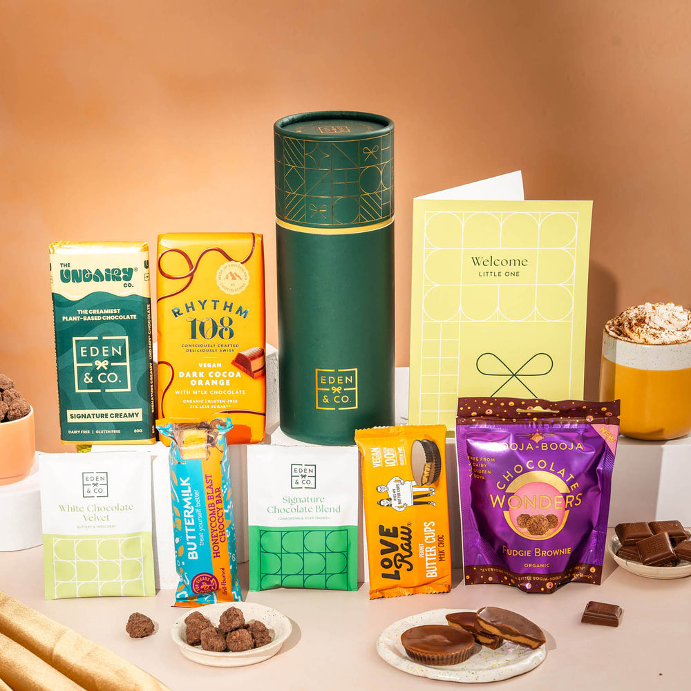 Mark the moment with this new baby Vegan & Gluten Free chocolate gift box, sweetly delivered to their door.