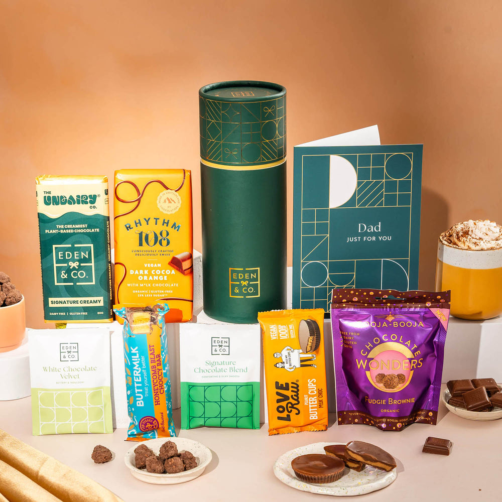 Celebrate him with this Dad Vegan & Gluten Free letterbox chocolate gift, a refined mix of flavour and style.