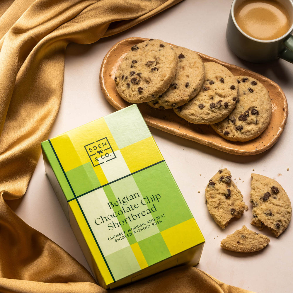 Enjoy buttery Belgian shortbread, scattered with chocolate chips and baked to golden perfection.