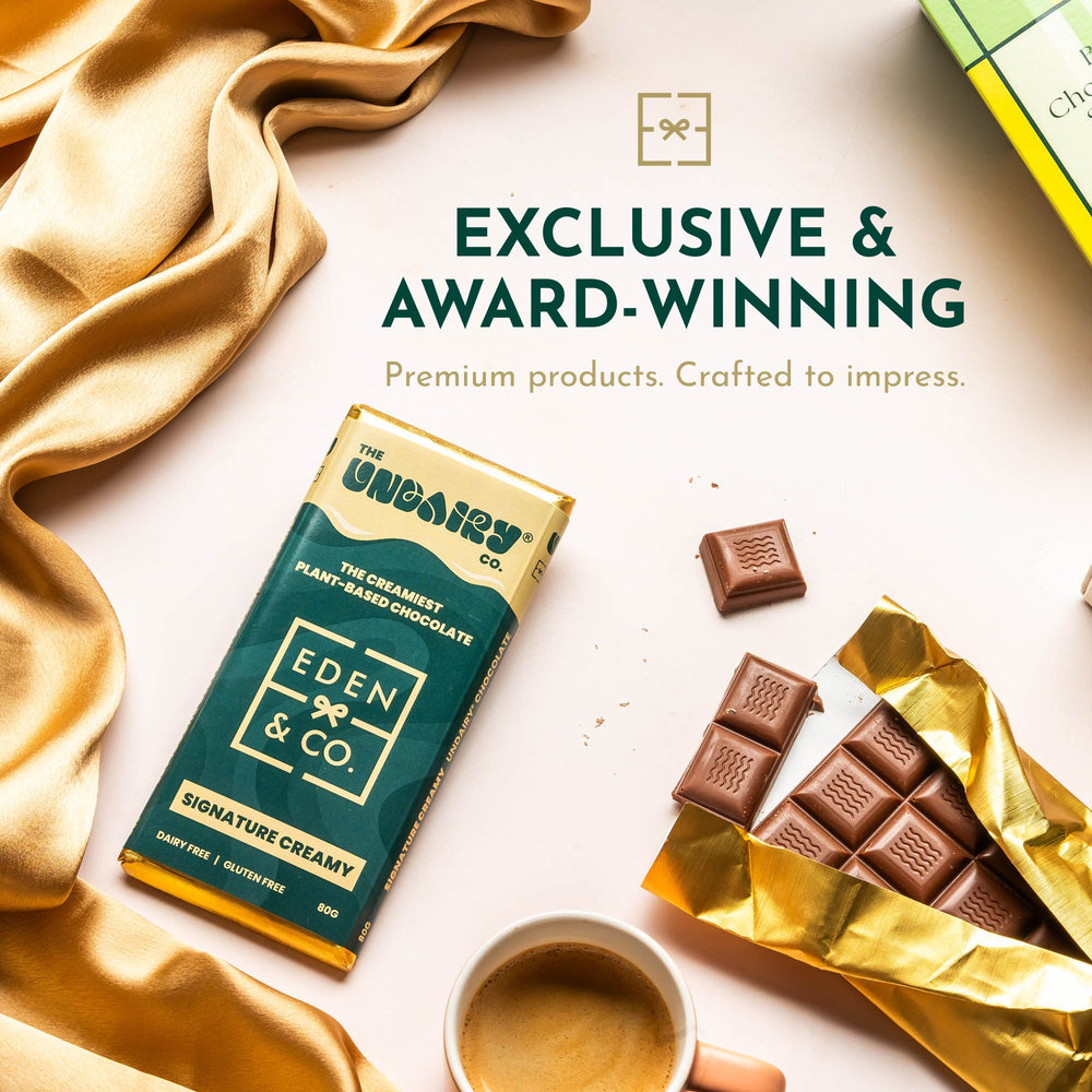 Luxury Vegan & Gluten Free Chocolate Hamper by EDEN & CO – artisan gifting, premium award-winning chocolate, perfect for birthdays, thank you gifts and corporate hampers.