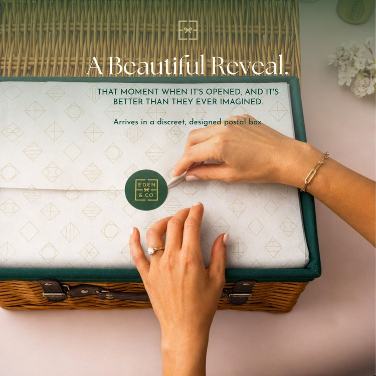 Unboxing: Hands placing an EDEN & CO. branded sticker on gold-patterned tissue paper inside an open wicker hamper with dark green trim, headline “A Beautiful Reveal” with text “That moment when it’s opened, and it’s better than they ever imagined. Arrives in a discreet, designed postal box.”