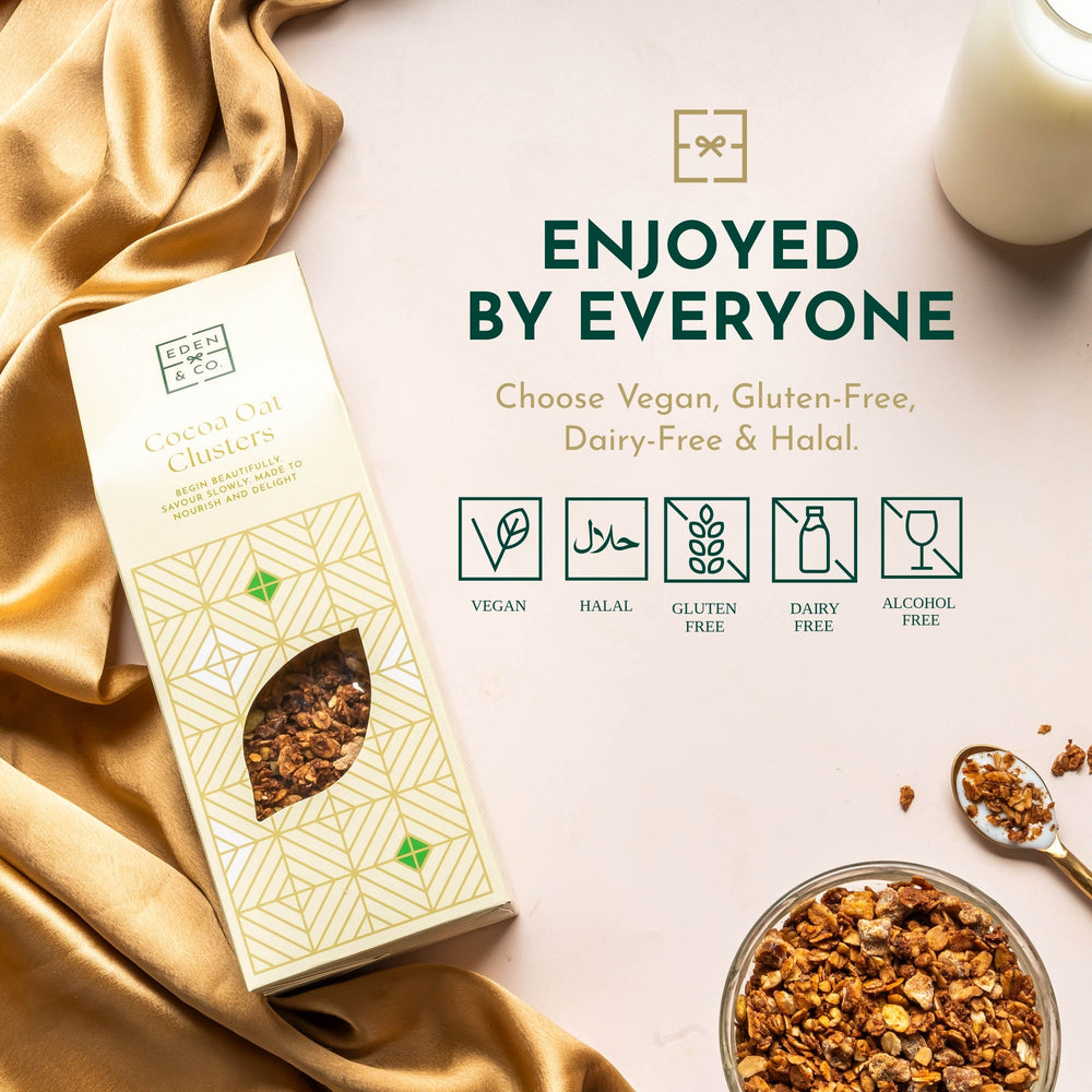 Inclusive gift hamper by EDEN & CO – vegan, gluten-free, dairy-free, alcohol-free and halal certified options – thoughtful luxury hampers enjoyed by everyone.
