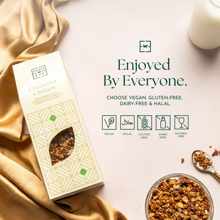 Allergens: EDEN & CO. Cocoa Oat Clusters box beside a bowl of granola and milk, headline “Enjoyed By Everyone” with text “Choose vegan, gluten-free, dairy-free & halal,” and five icons labelled Vegan, Halal, Gluten Free, Dairy Free, and Alcohol Free.