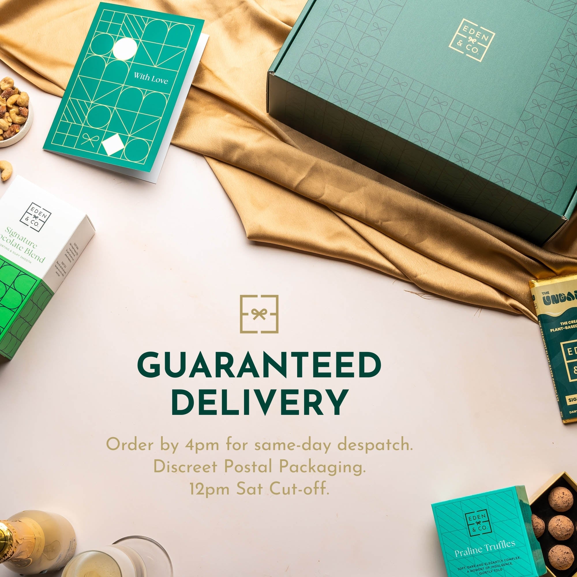 Guaranteed delivery with EDEN & CO – discreet luxury hamper packaging, same-day despatch before 4pm, Saturday cut-off at 12pm – trusted premium gifting service.