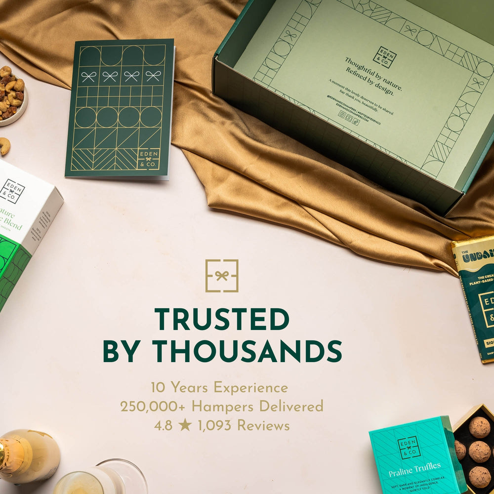 EDEN & CO trusted luxury Vegan & Gluten Free Hampers – over 10 years’ experience, 250,000+ Vegan & Gluten Free Hampers delivered, 4.8 star reviews – premium gifting brand you can rely on.