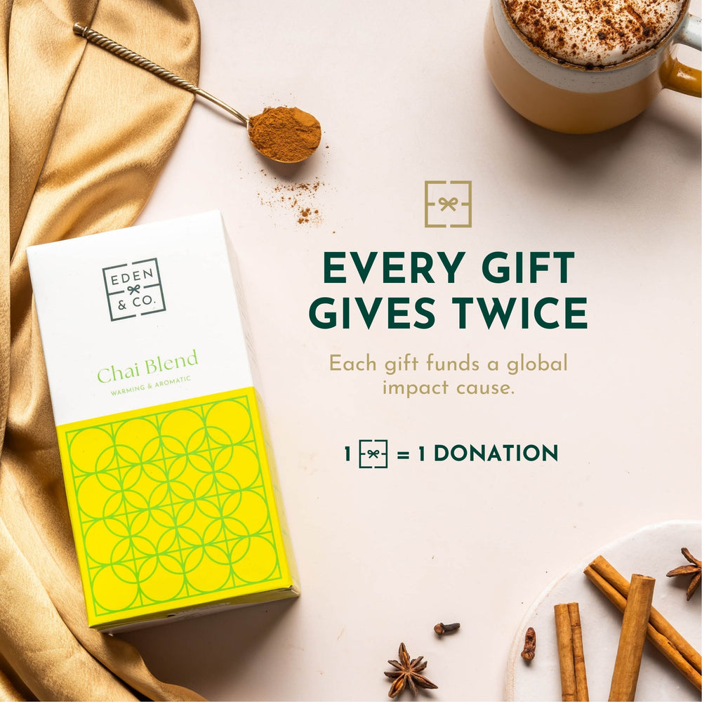 EDEN & CO Chai Blend luxury gift with global giving impact – every Vegan & Gluten Free Hamper funds a donation, ethical and sustainable gifting that gives twice.