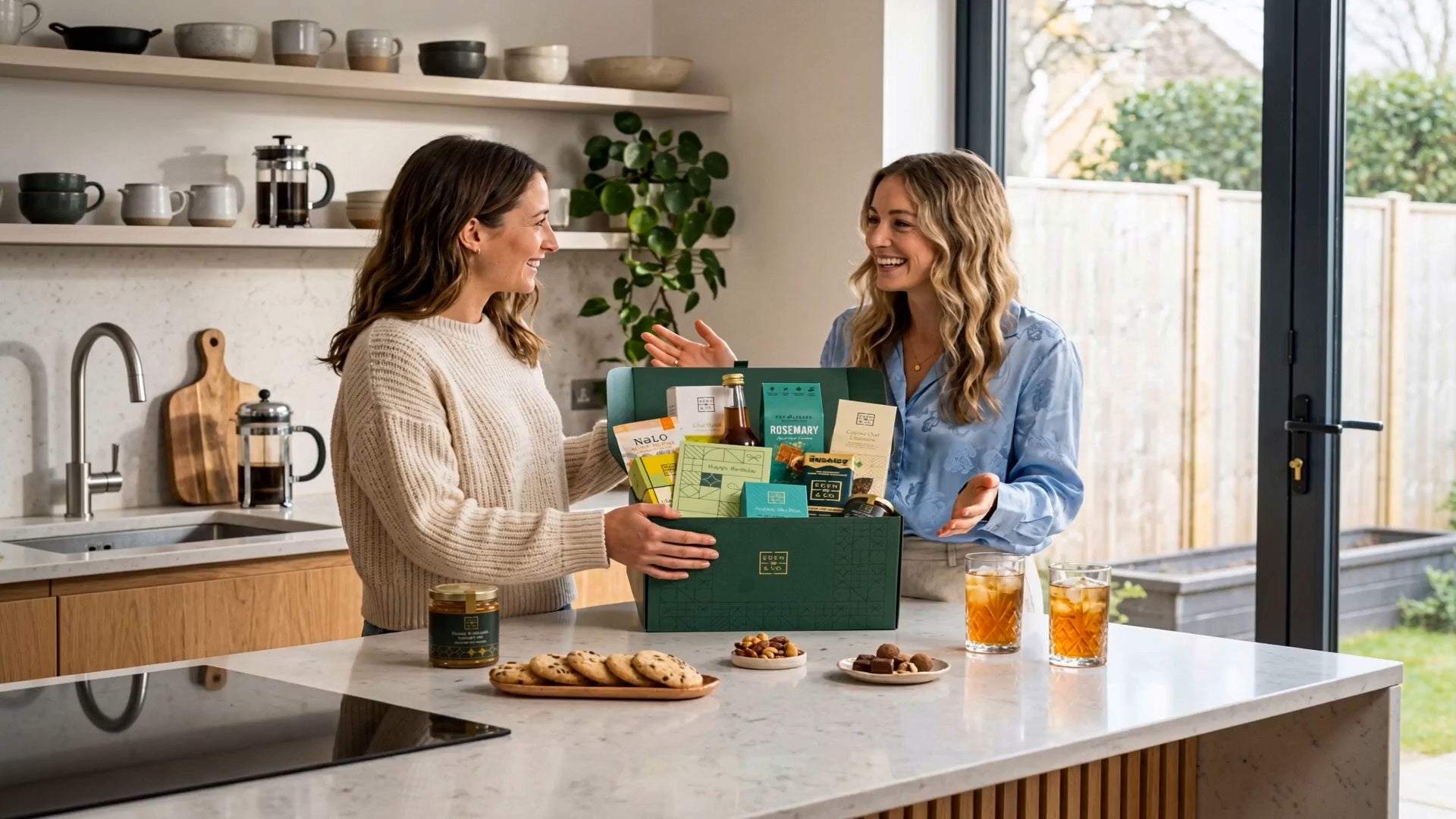 Two women in a kitchen with a box of tea and snacks on the counter.